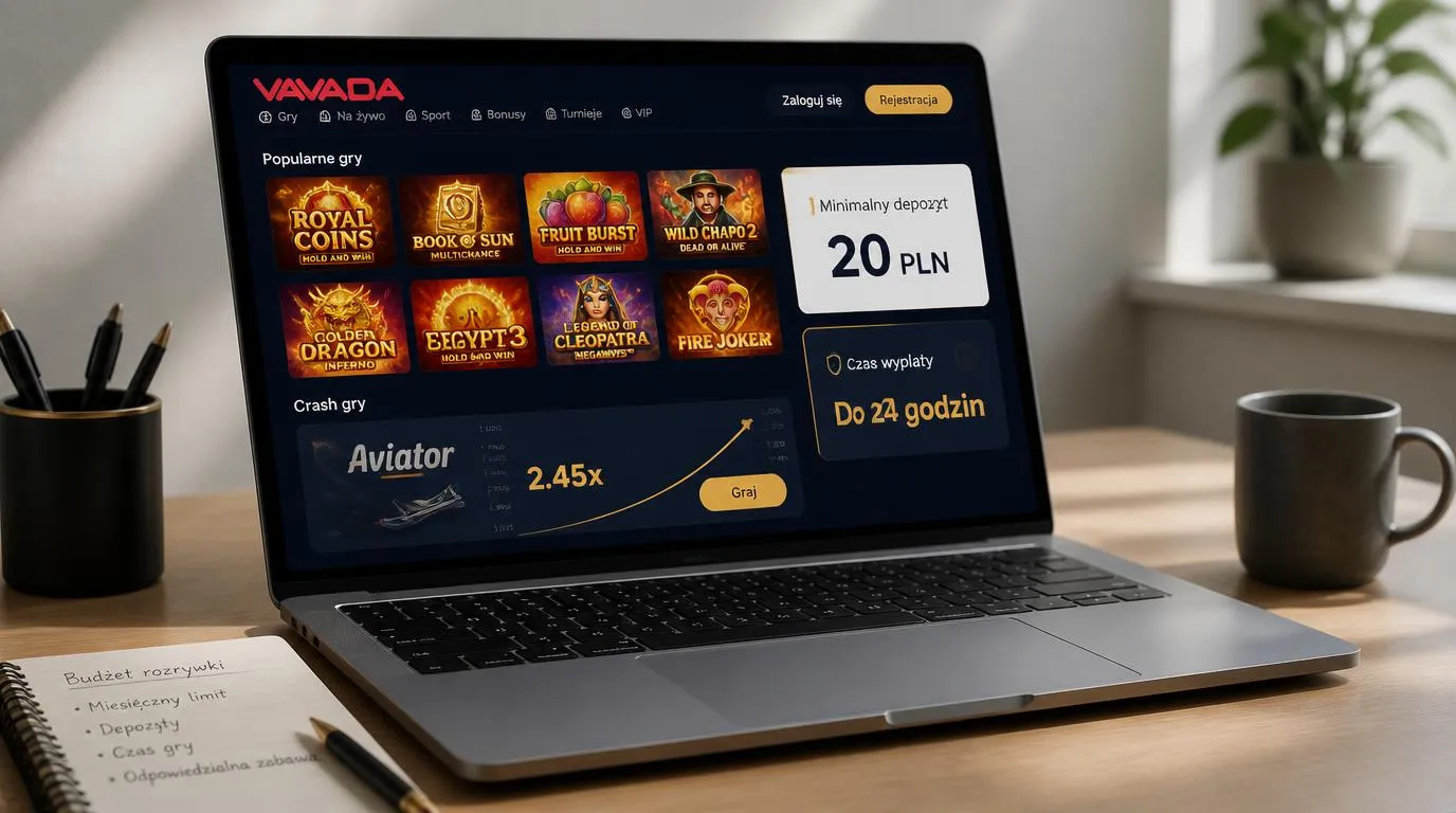 Laptop z biblioteką gier kasynowych oraz kartami depozytu 20 PLN i deklarowanego terminu wypłat do 24 godzin
