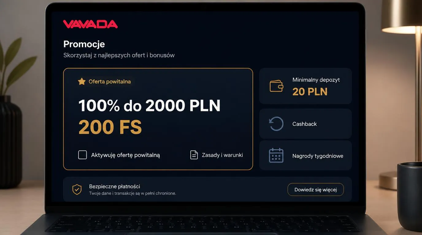 Panel promocji kasyna z ofertą 100% do 2000 PLN, 200 darmowymi spinami i minimalnym depozytem 20 PLN
