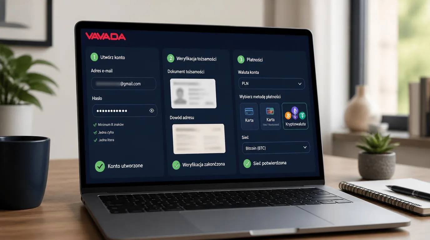 Panel konta kasynowego z formularzem rejestracji, weryfikacją dokumentów i wyborem metody wpłaty