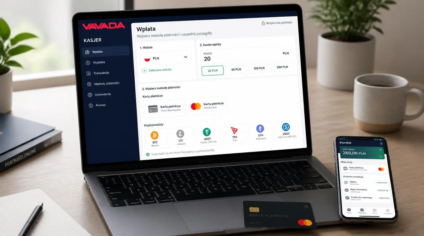 Makieta kasy kasyna z walutą PLN, kartami płatniczymi i wyborem kryptowalut na ekranie laptopa